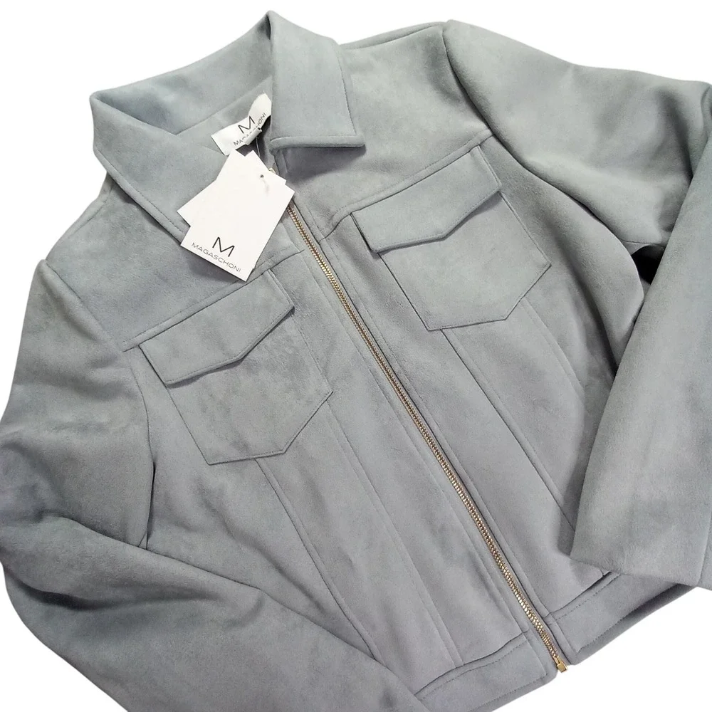 NWT Magaschoni Womens Faux Suede Leather Zip Up Jacket Light Blue Small - Picture 1 of 11